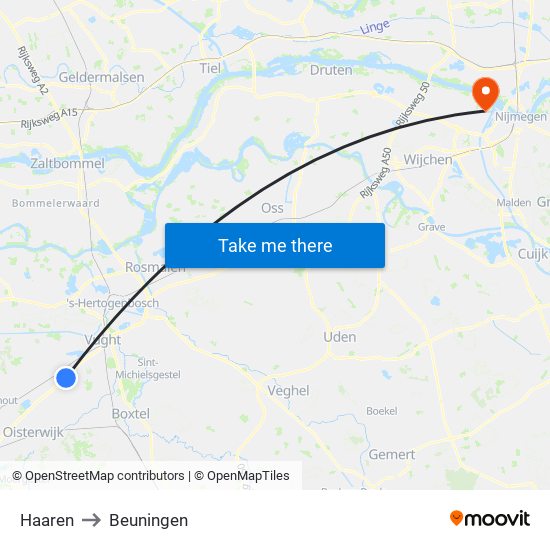 Haaren to Beuningen map