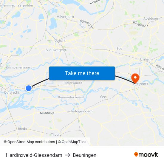 Hardinxveld-Giessendam to Beuningen map