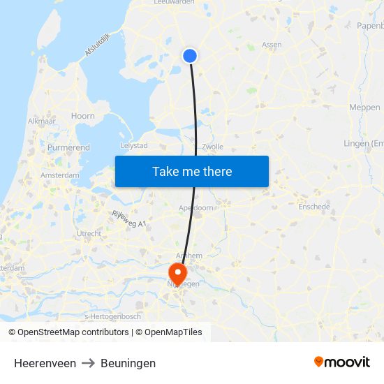 Heerenveen to Beuningen map