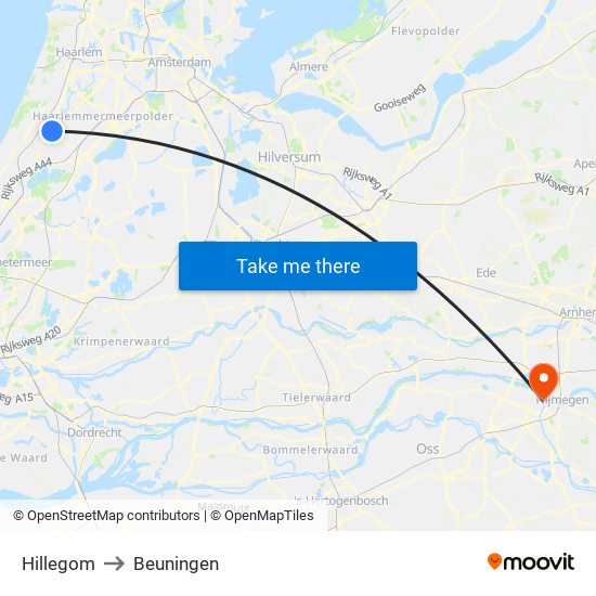 Hillegom to Beuningen map