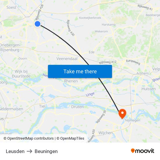 Leusden to Beuningen map