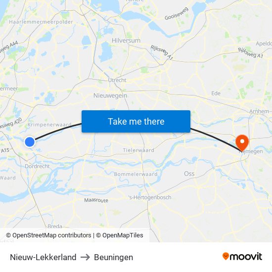 Nieuw-Lekkerland to Beuningen map