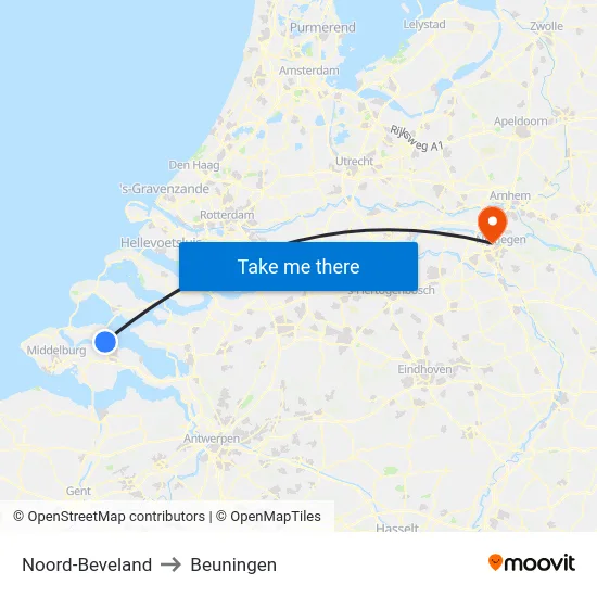 Noord-Beveland to Beuningen map