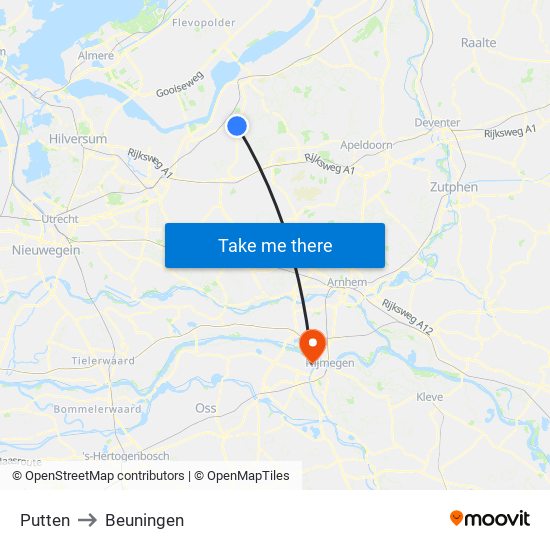 Putten to Beuningen map