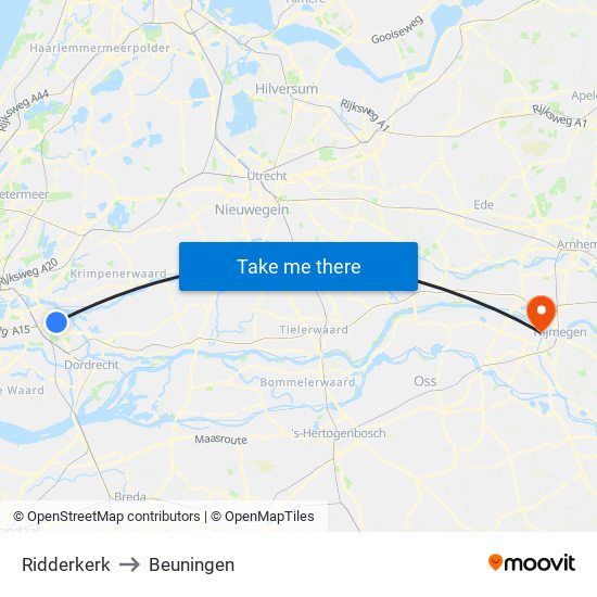 Ridderkerk to Beuningen map