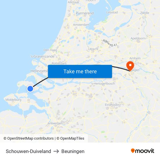 Schouwen-Duiveland to Beuningen map