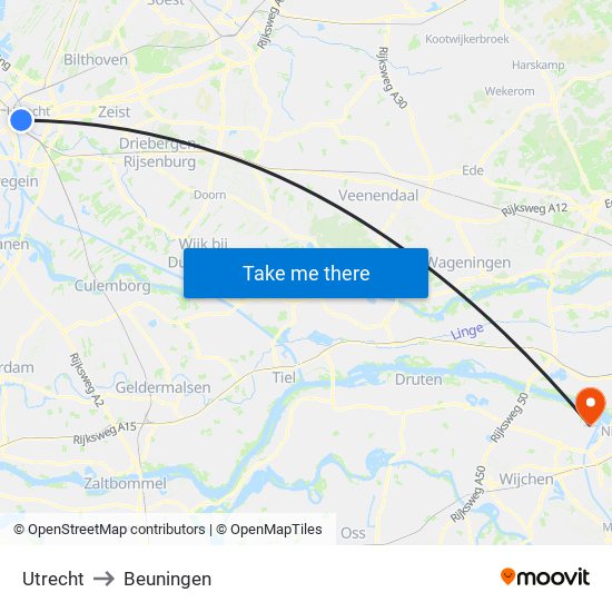 Utrecht to Beuningen map