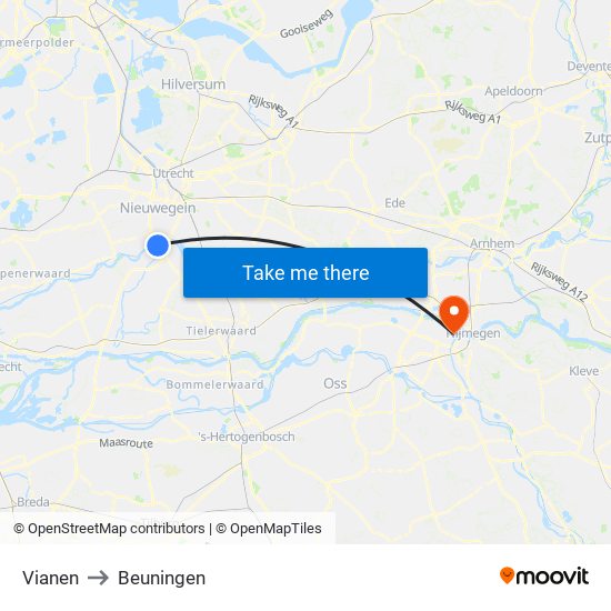Vianen to Beuningen map