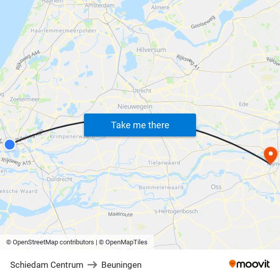 Schiedam Centrum to Beuningen map