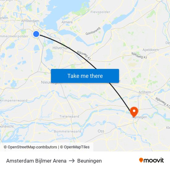 Amsterdam Bijlmer Arena to Beuningen map