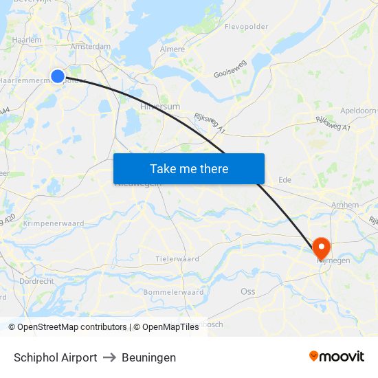 Schiphol Airport to Beuningen map