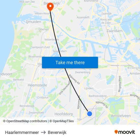 Haarlemmermeer to Beverwijk map