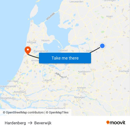 Hardenberg to Beverwijk map