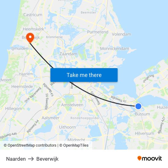 Naarden to Beverwijk map