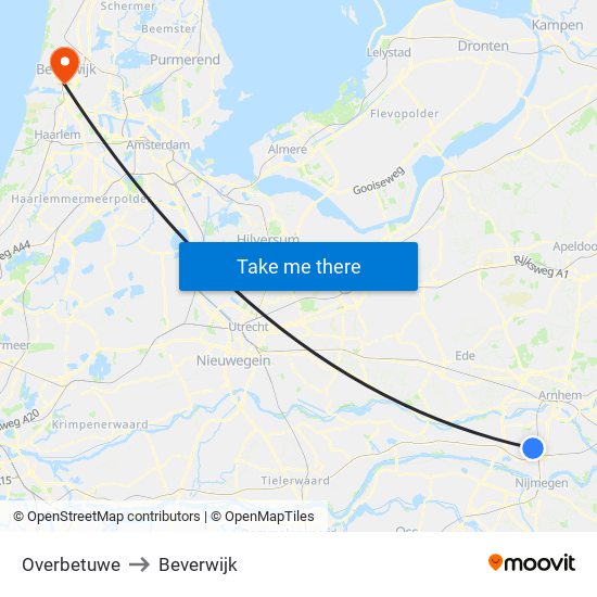 Overbetuwe to Beverwijk map