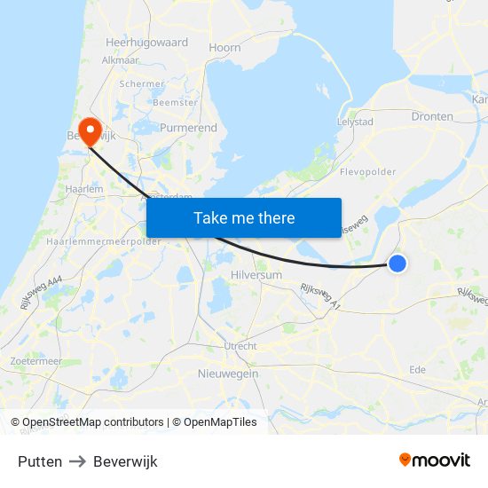 Putten to Beverwijk map