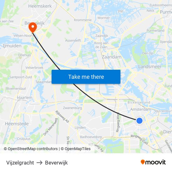 Vijzelgracht to Beverwijk map