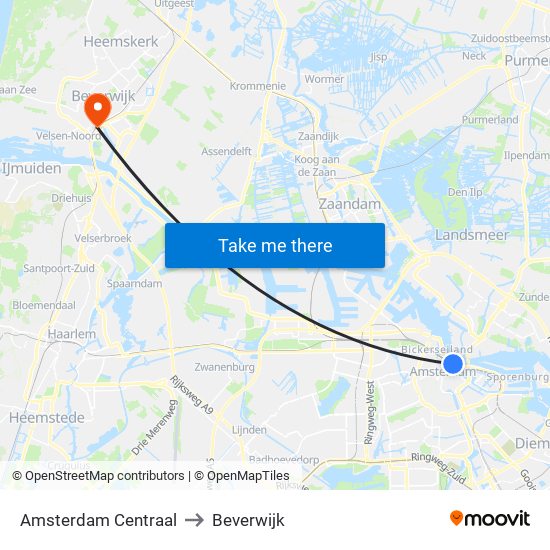 Amsterdam Centraal to Beverwijk map