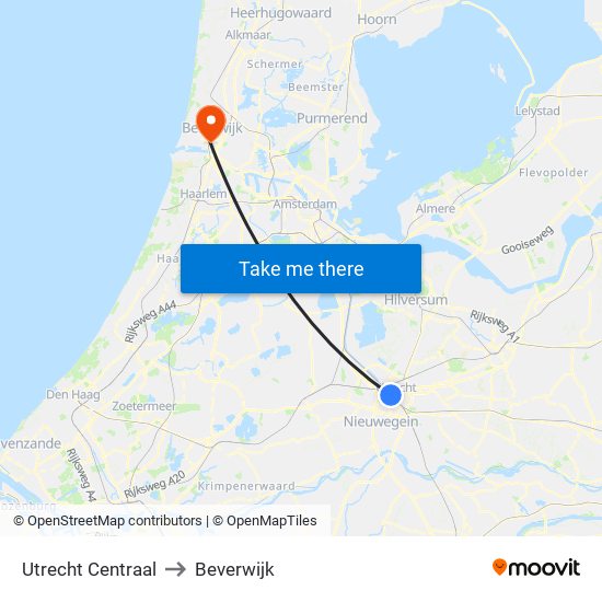 Utrecht Centraal to Beverwijk map