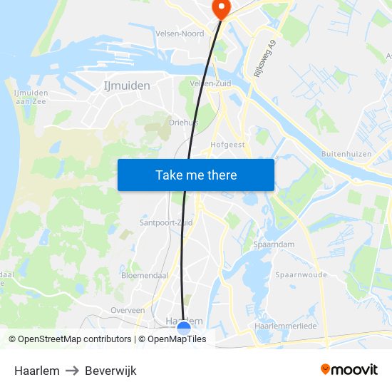 Haarlem to Beverwijk map