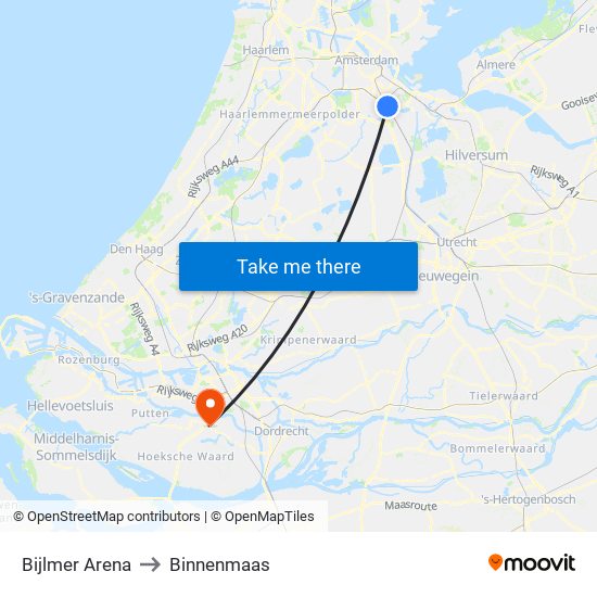 Bijlmer Arena to Binnenmaas map