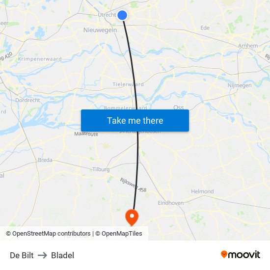 De Bilt to Bladel map