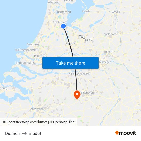 Diemen to Bladel map