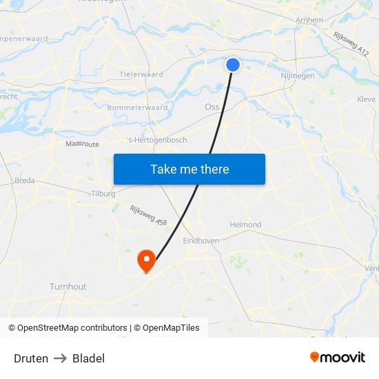 Druten to Bladel map