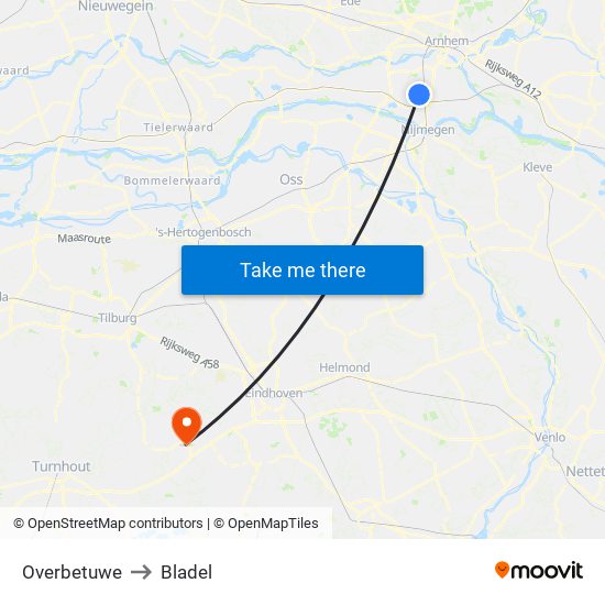 Overbetuwe to Bladel map