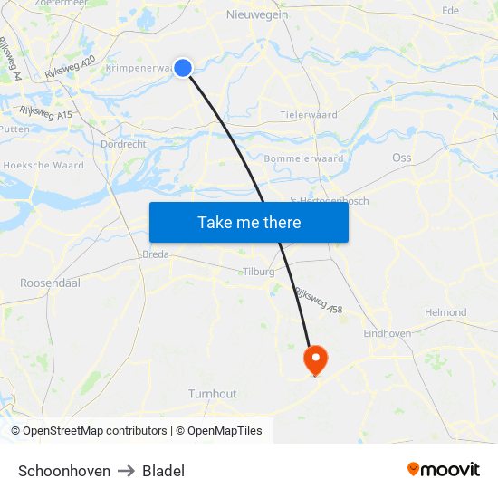 Schoonhoven to Bladel map