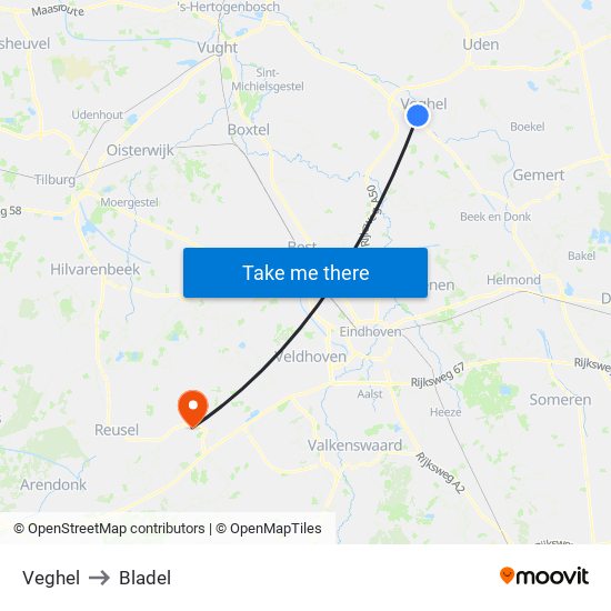 Veghel to Bladel map