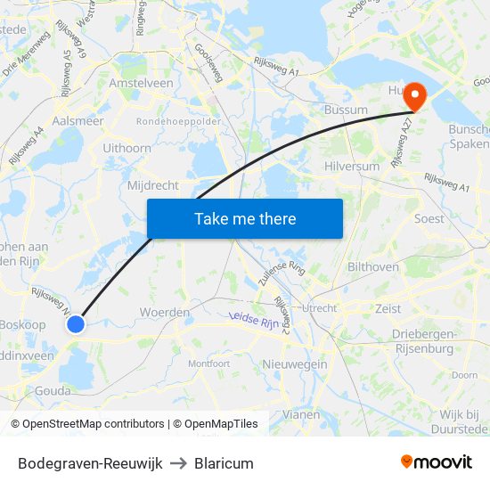 Bodegraven-Reeuwijk to Blaricum map