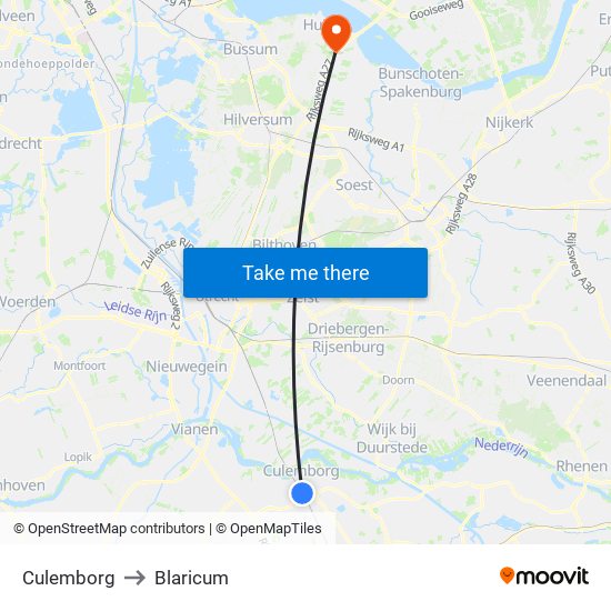 Culemborg to Blaricum map