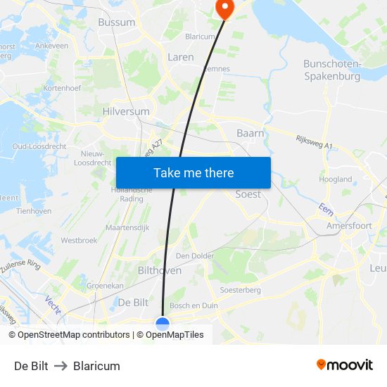 De Bilt to Blaricum map