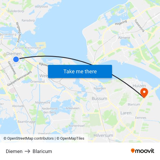 Diemen to Blaricum map