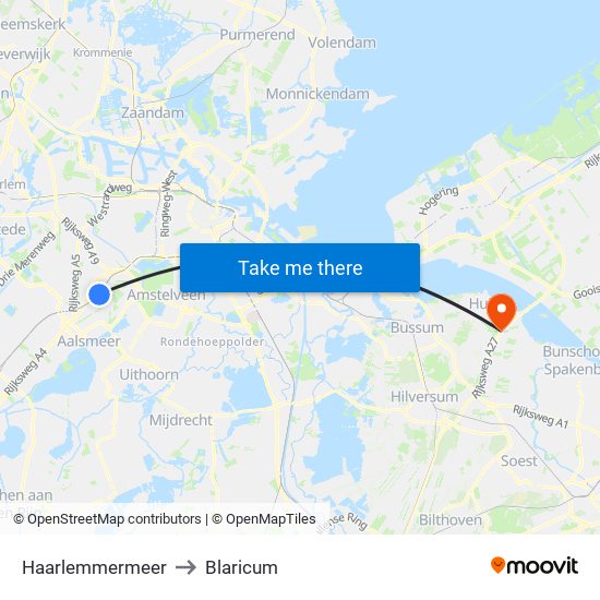 Haarlemmermeer to Blaricum map