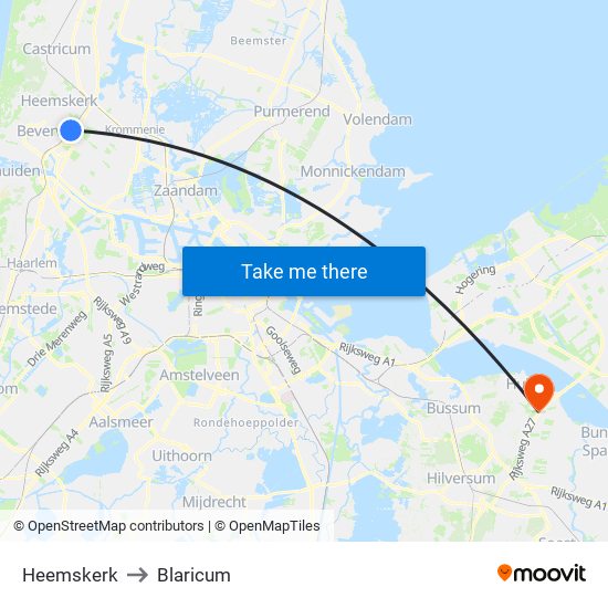 Heemskerk to Blaricum map