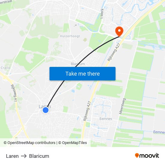 Laren to Blaricum map