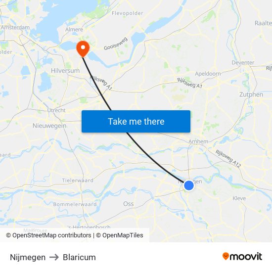 Nijmegen to Blaricum map