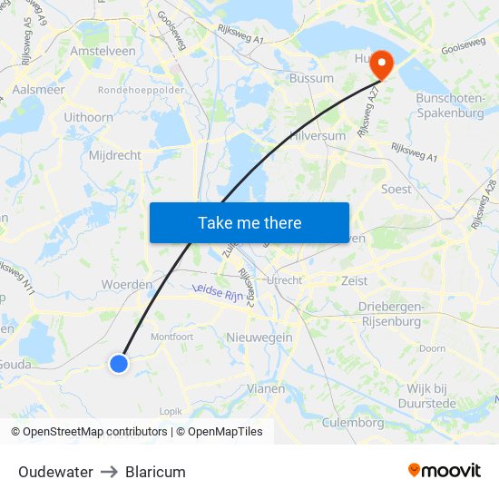 Oudewater to Blaricum map