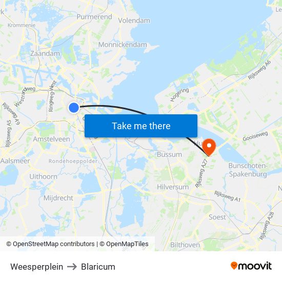 Weesperplein to Blaricum map