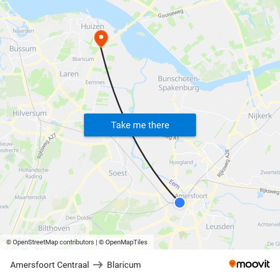 Amersfoort Centraal to Blaricum map