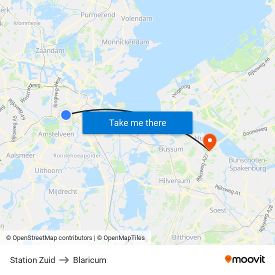 Station Zuid to Blaricum map