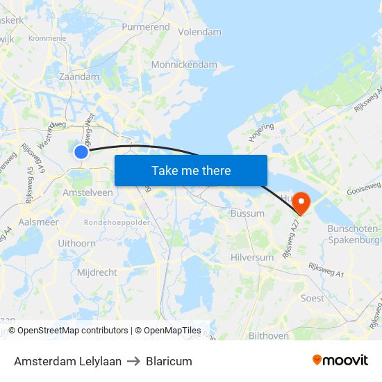 Amsterdam Lelylaan to Blaricum map