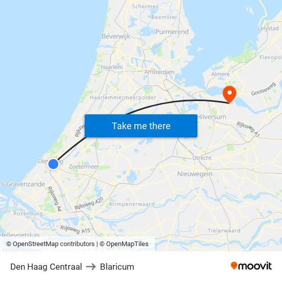 Den Haag Centraal to Blaricum map