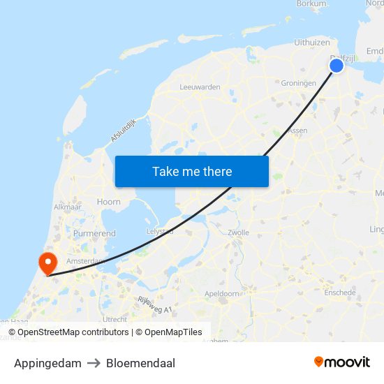 Appingedam to Bloemendaal map