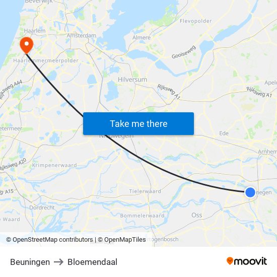 Beuningen to Bloemendaal map