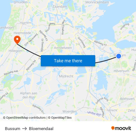 Bussum to Bloemendaal map