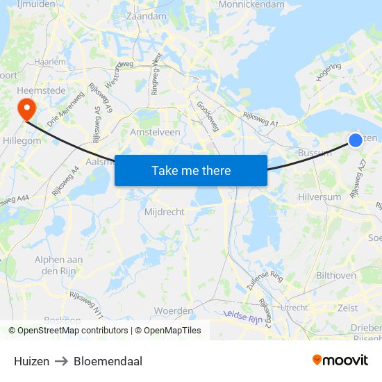 Huizen to Bloemendaal map