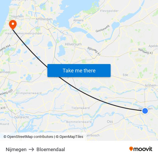 Nijmegen to Bloemendaal map